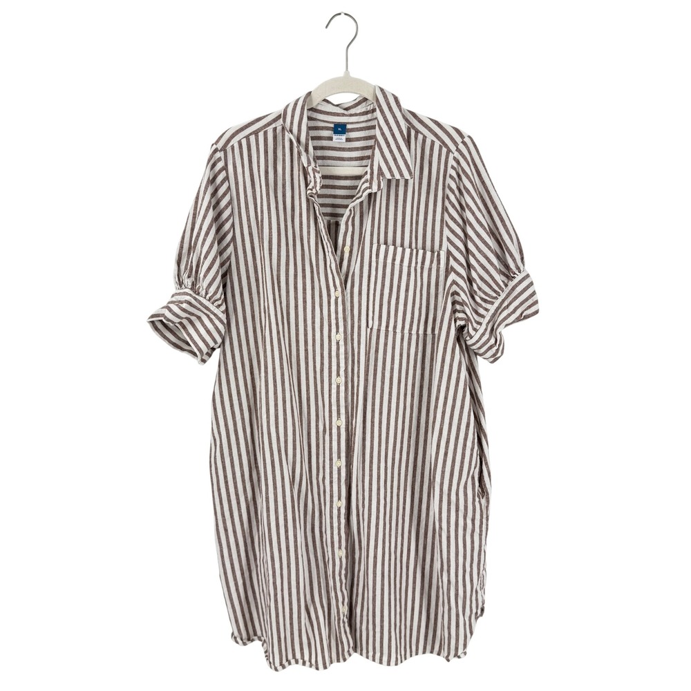 Old Navy Shirt Dress Brown XL Striped Linen Blend Short Sleeve Pockets Casual